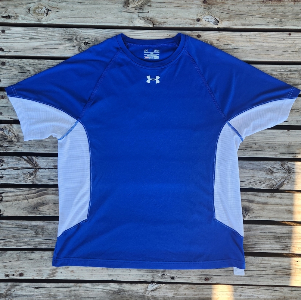 Under Armour Loose Fit Heat Gear Royal Blue White Workout Top Large Men Coach